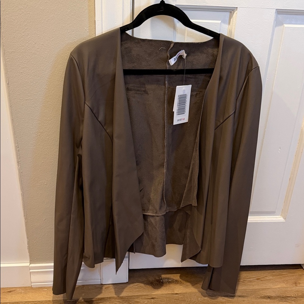 JustFab Taupe Flowy Open-Front Faux Leather-Look Blazer